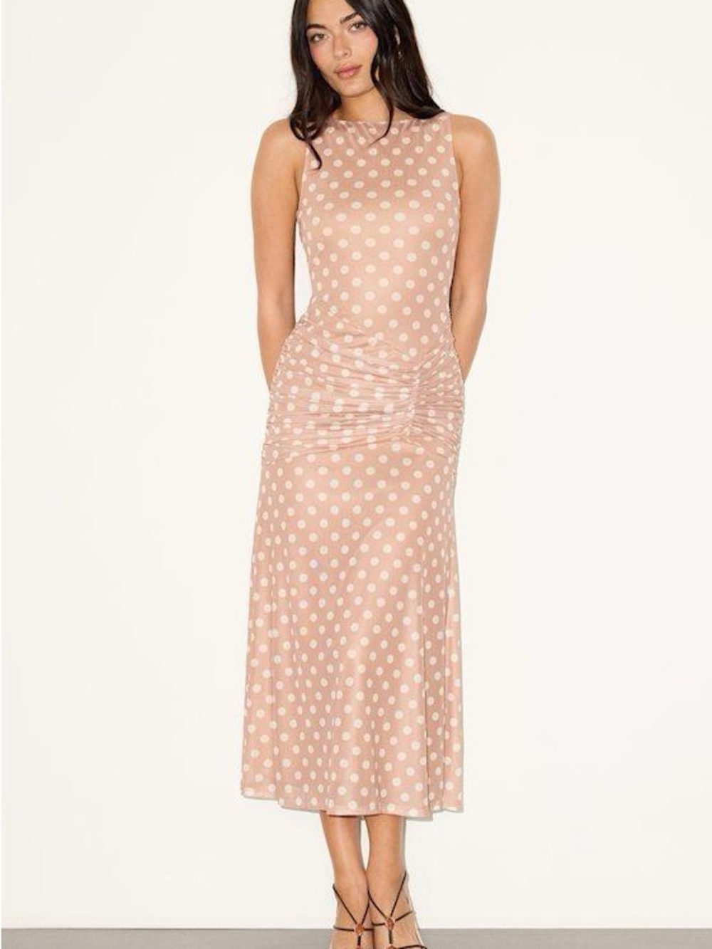 AFRM LOS ANGELES Women's Natural Loren Polka Dot Mesh Ruched Midi Dress